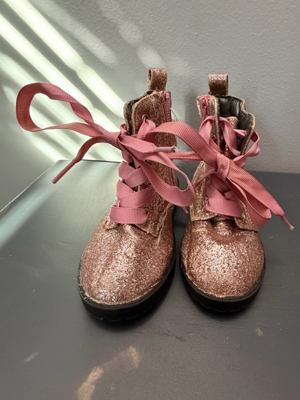 Rampage Rose Gold Glitter Combat Boots with Pink Ribbon Laces